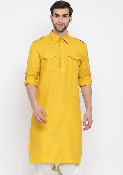 Yellow Plain Cotton Blend Kurta Set For Men