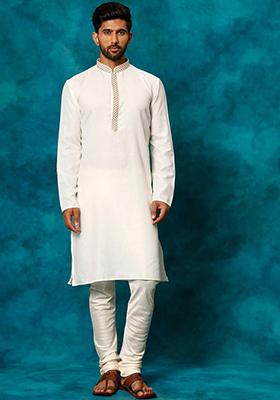 White Embroidered Cotton Blend Kurta Set For Men
