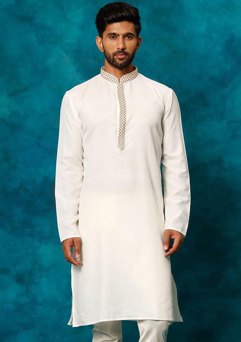 White Embroidered Cotton Blend Kurta Set For Men
