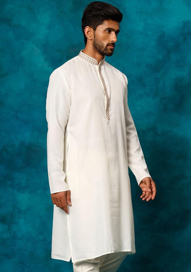 White Embroidered Cotton Blend Kurta Set For Men