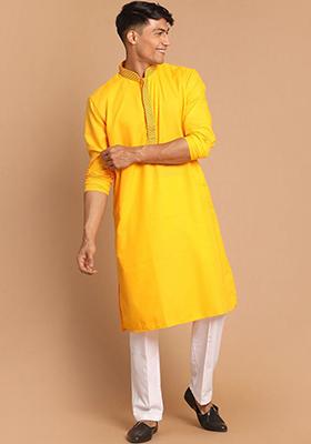 Yellow Embroidered Cotton Blend Kurta Set For Men