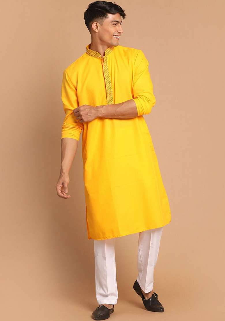 Yellow Embroidered Cotton Blend Kurta Set For Men - Indya