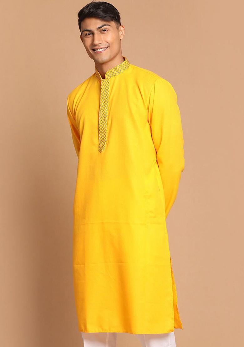 Yellow Embroidered Cotton Blend Kurta Set For Men