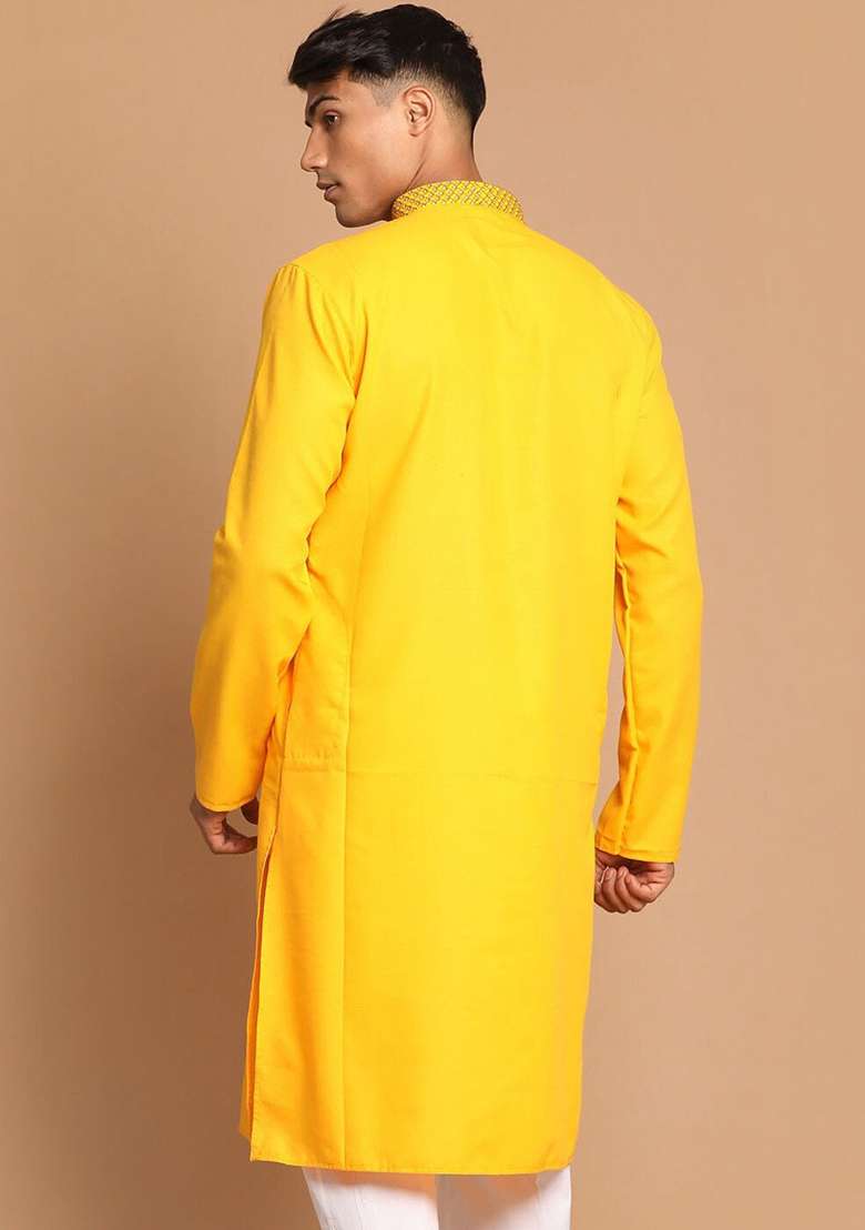 Yellow Embroidered Cotton Blend Kurta Set For Men - Indya