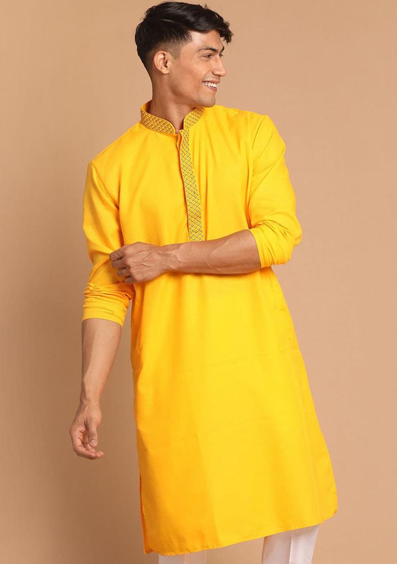 Yellow Embroidered Cotton Blend Kurta Set For Men
