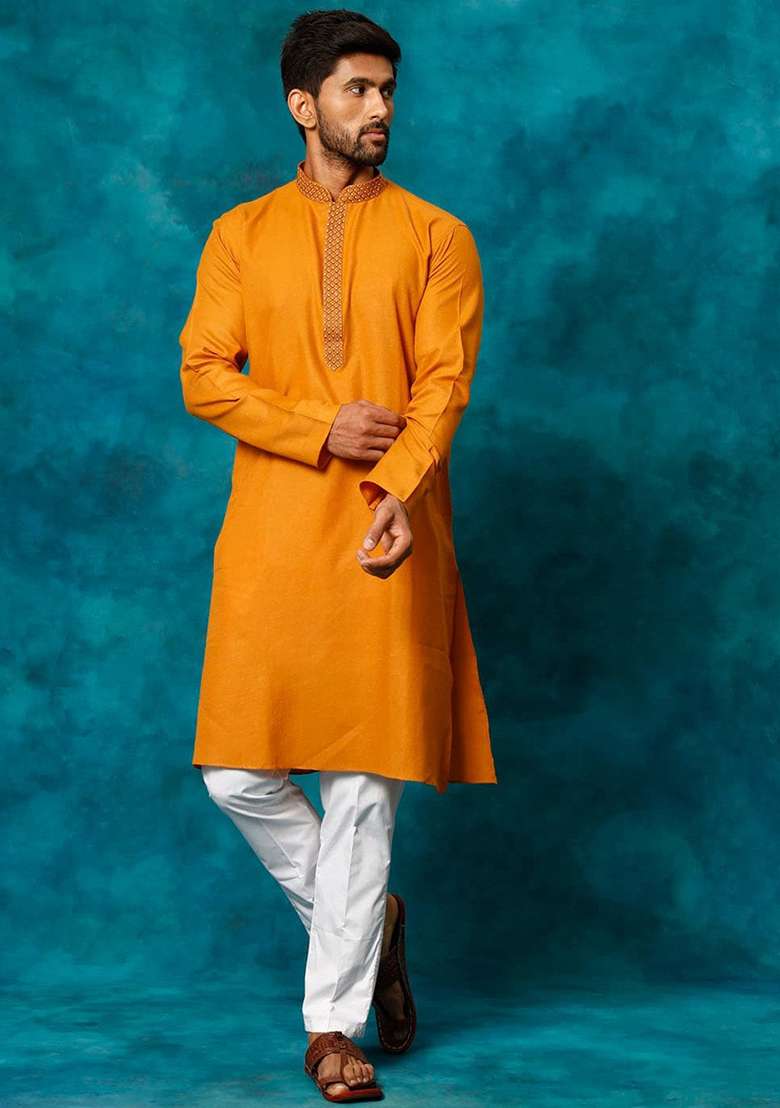 Mustard Yellow Embroidered Cotton Blend Kurta Set For Men - Indya