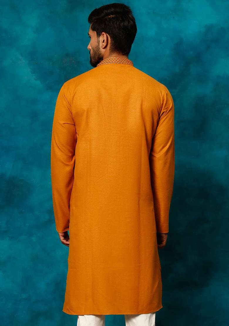 Mustard Yellow Embroidered Cotton Blend Kurta Set For Men - Indya