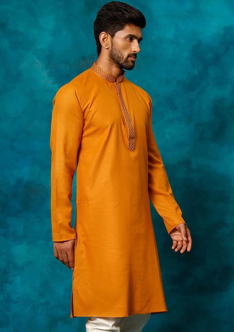 Mustard Yellow Embroidered Cotton Blend Kurta Set For Men