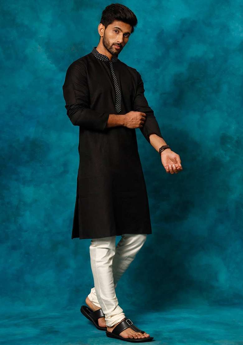 Black Embroidered Cotton Blend Kurta Set For Men - Indya