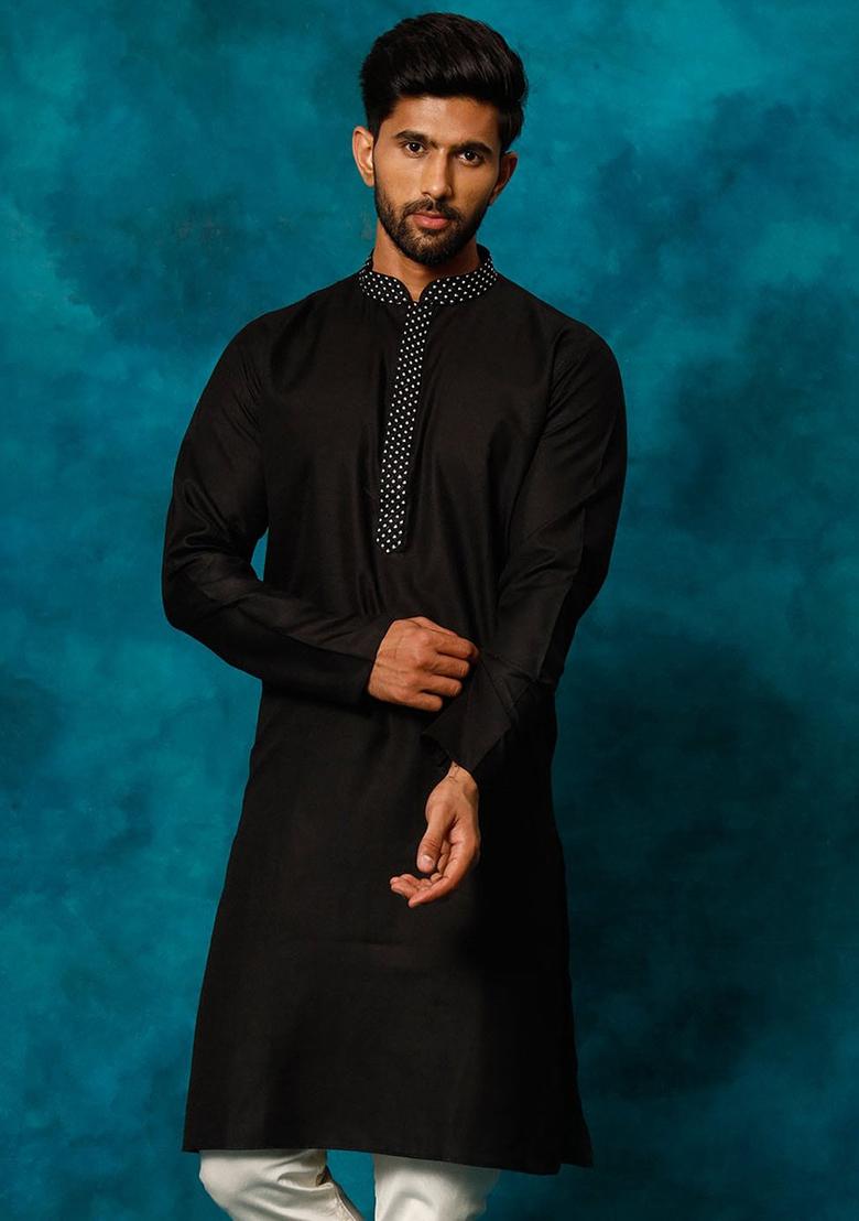 Black Embroidered Cotton Blend Kurta Set For Men