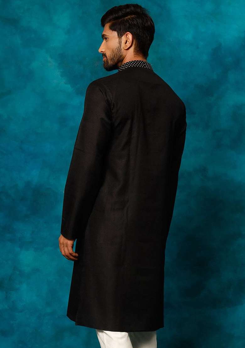 Black Embroidered Cotton Blend Kurta Set For Men - Indya