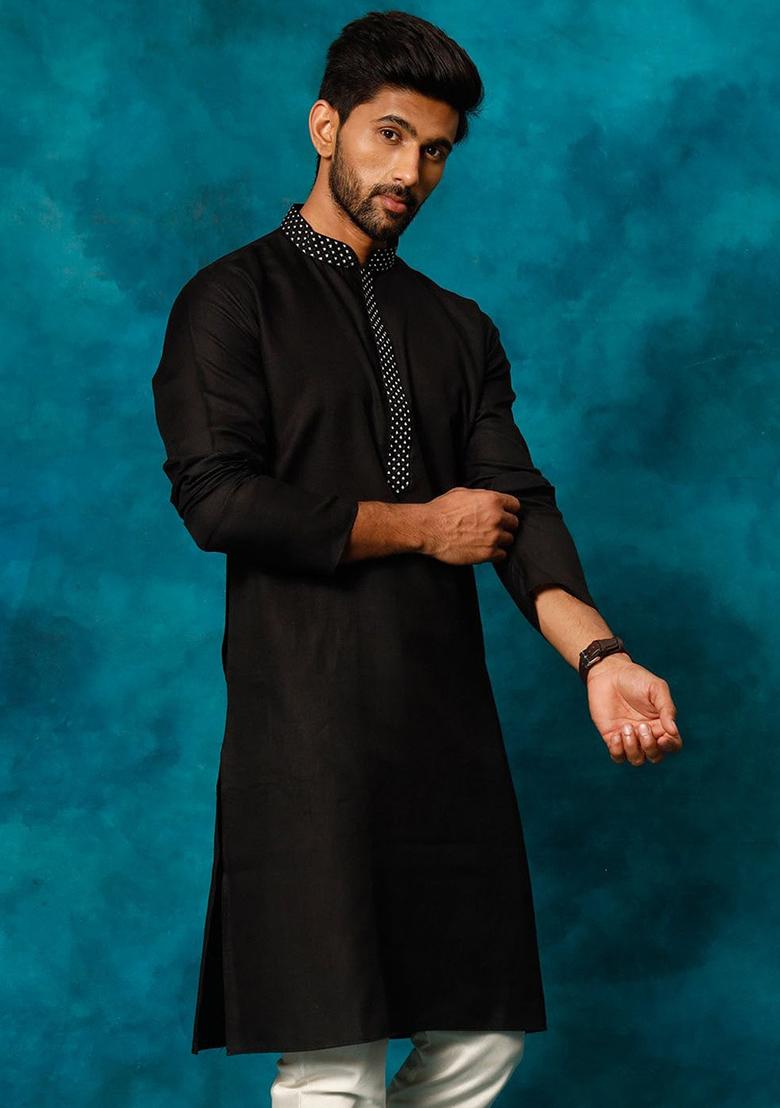 Black Embroidered Cotton Blend Kurta Set For Men