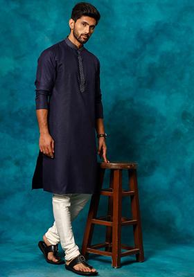 Navy Blue Embroidered Cotton Blend Kurta Set For Men