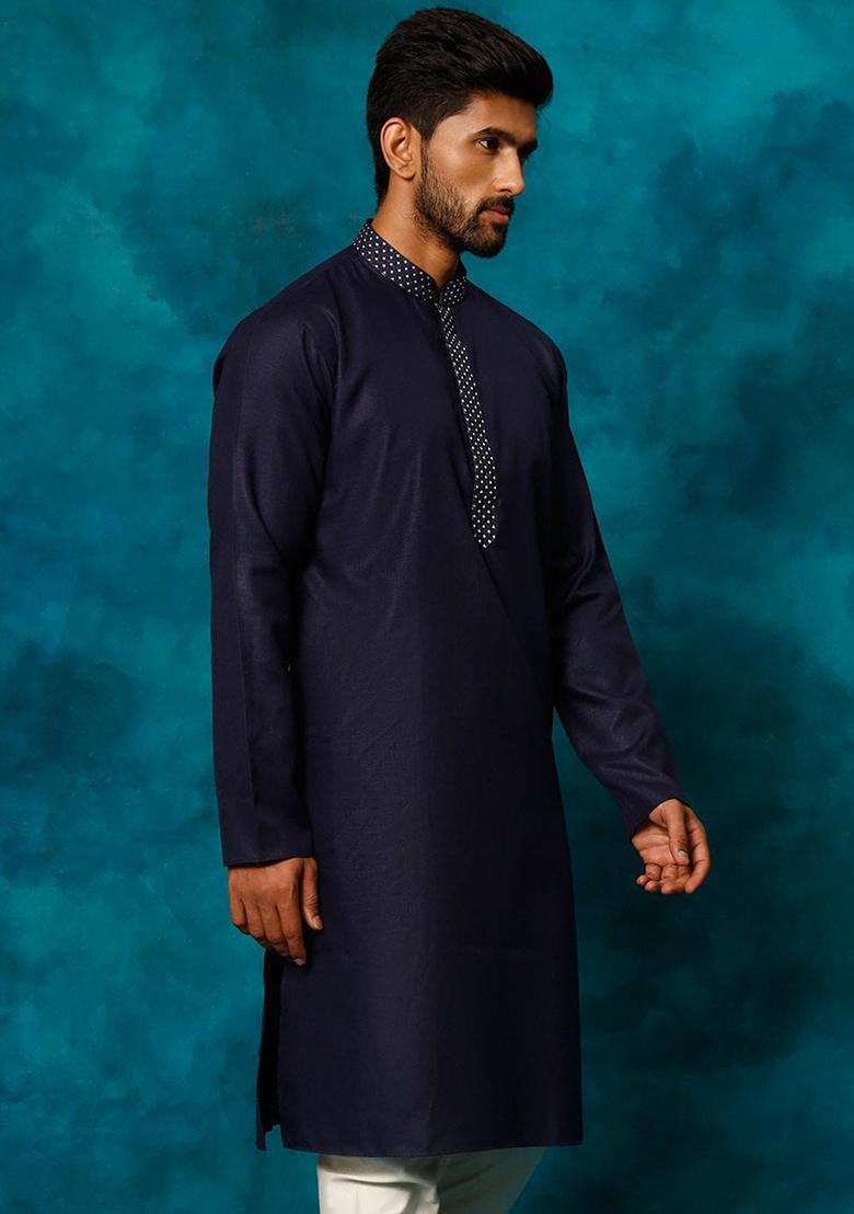 Navy Blue Embroidered Cotton Blend Kurta Set For Men