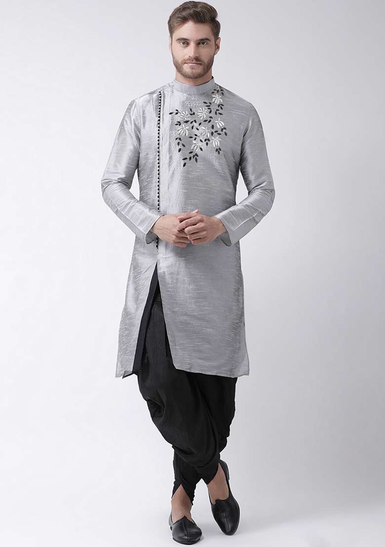 Grey Embroidered Dupion Silk Angrakha With Dhoti For Men - Indya