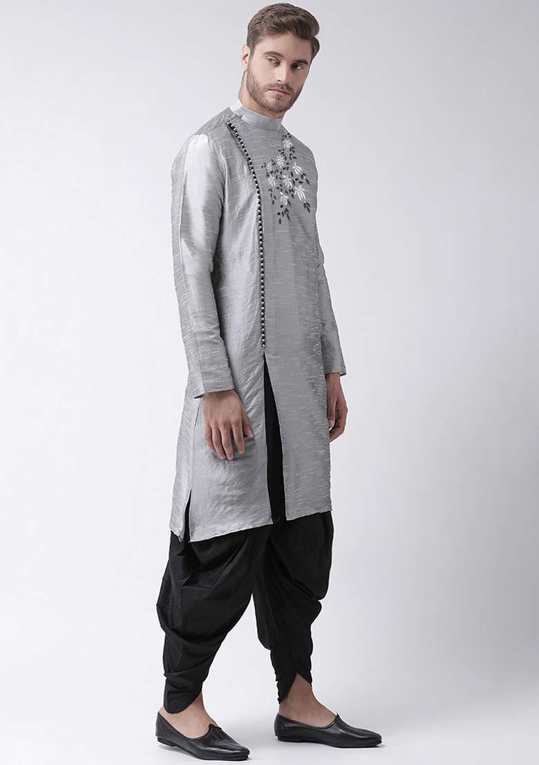 Grey Embroidered Dupion Silk Angrakha With Dhoti For Men - Indya