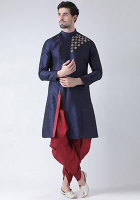 Navy Blue Embroidered Dupion Silk Angrakha With Dhoti For Men