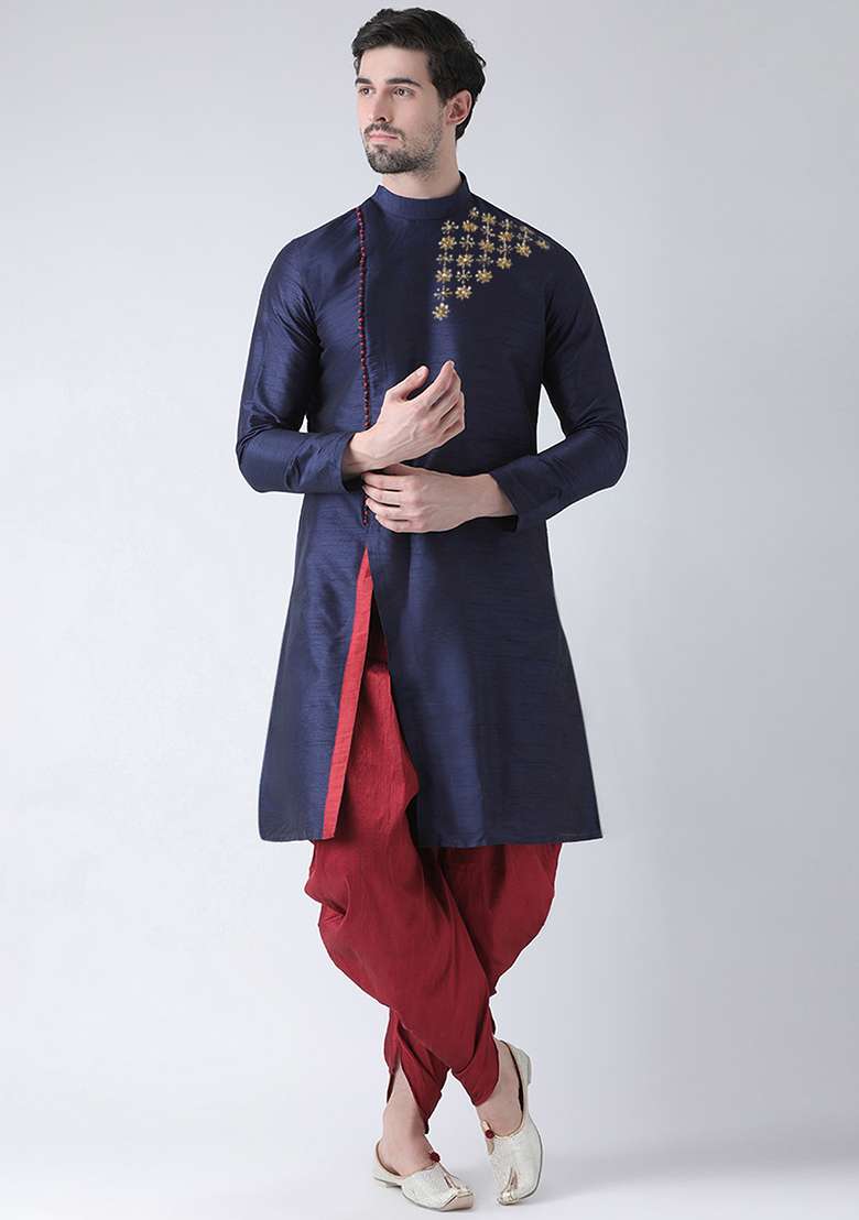 Navy Blue Embroidered Dupion Silk Angrakha With Dhoti For Men - Indya