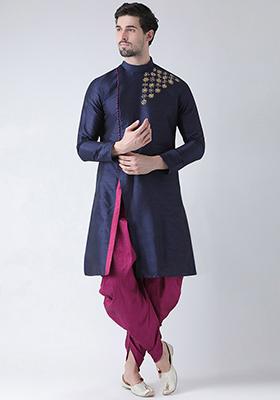 Navy Blue Embroidered Dupion Silk Angrakha With Dhoti For Men