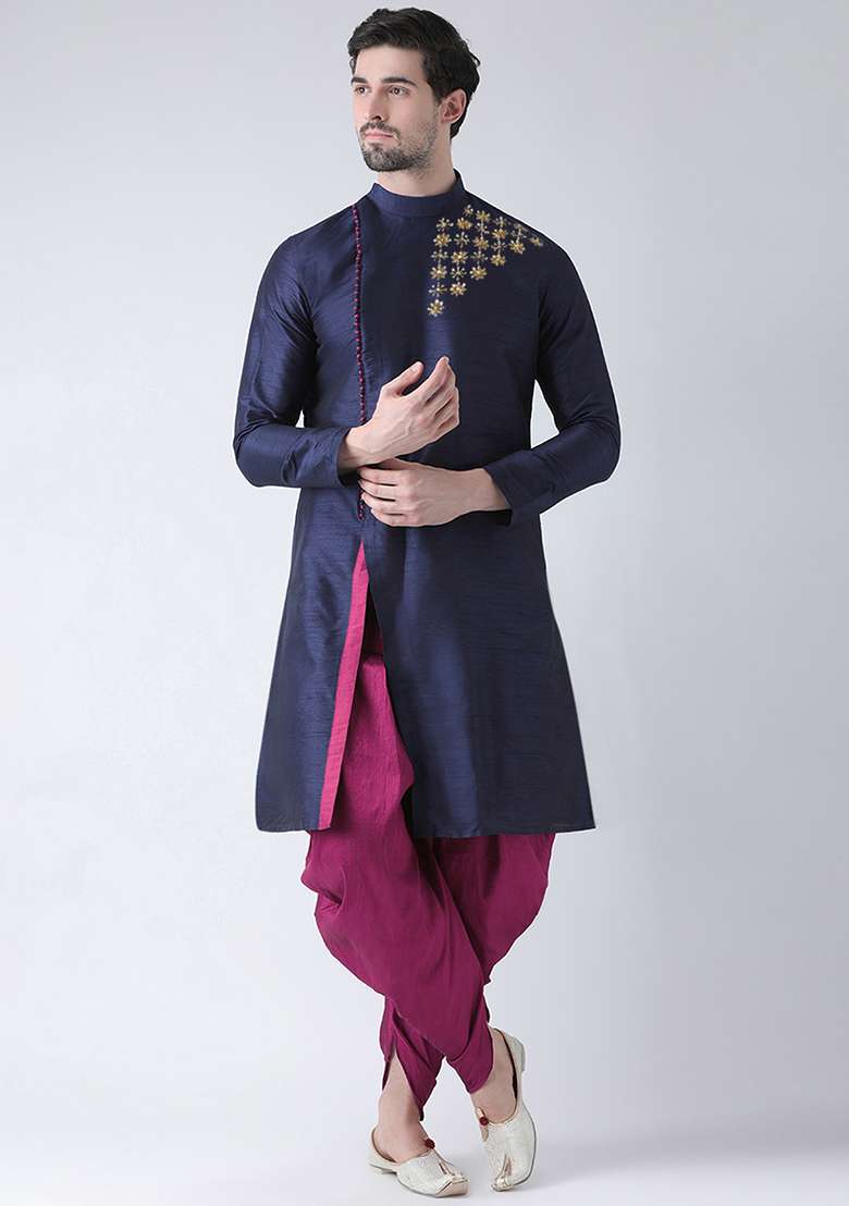 Navy Blue Embroidered Dupion Silk Angrakha With Dhoti For Men - Indya