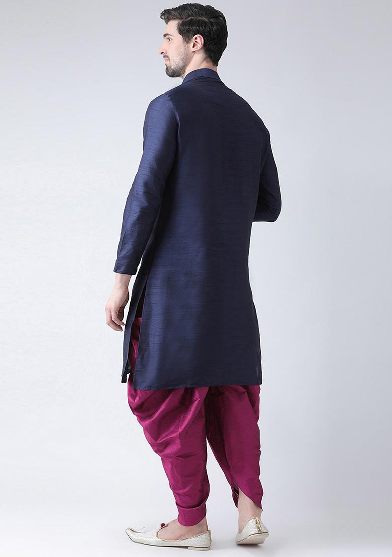 Navy Blue Embroidered Dupion Silk Angrakha With Dhoti For Men