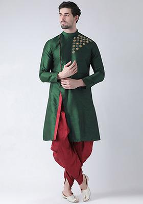 Bottle Green Embroidered Dupion Silk Angrakha With Dhoti For Men