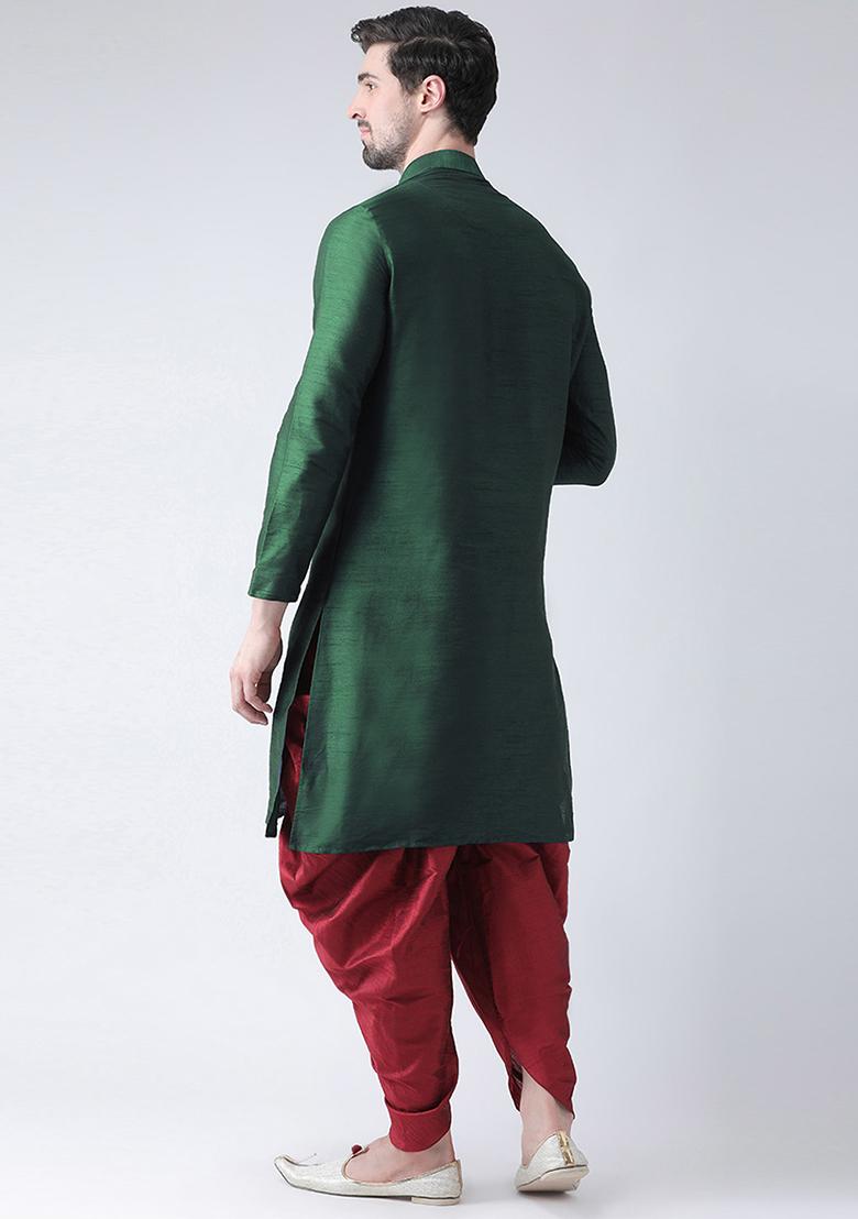 Bottle Green Embroidered Dupion Silk Angrakha With Dhoti For Men