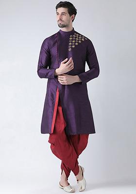 Violet Embroidered Dupion Silk Angrakha With Dhoti For Men