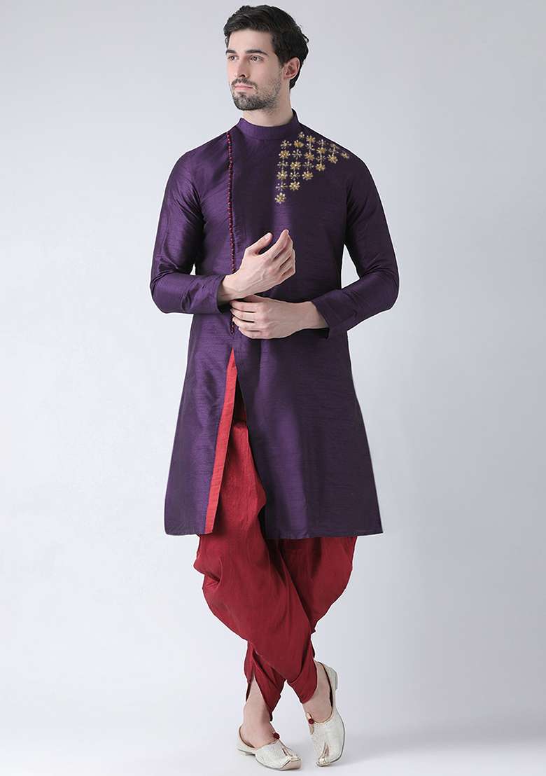 Violet Embroidered Dupion Silk Angrakha With Dhoti For Men - Indya