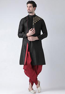 Black Embroidered Dupion Silk Angrakha With Dhoti For Men