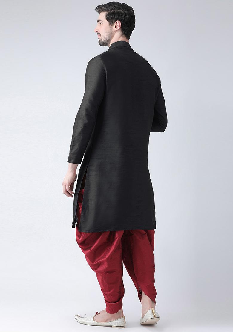 Black Embroidered Dupion Silk Angrakha With Dhoti For Men