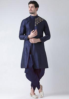 Navy Blue Embroidered Dupion Silk Angrakha With Dhoti For Men