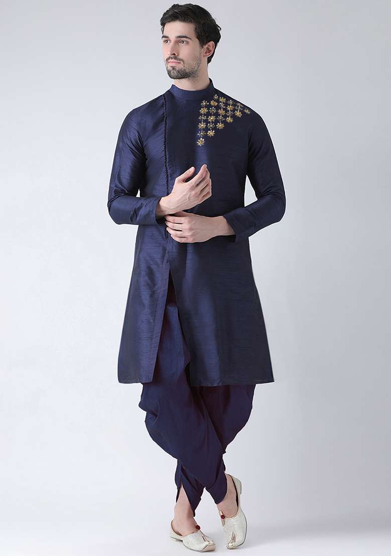 Navy Blue Embroidered Dupion Silk Angrakha With Dhoti For Men - Indya