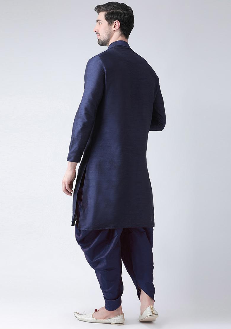 Navy Blue Embroidered Dupion Silk Angrakha With Dhoti For Men