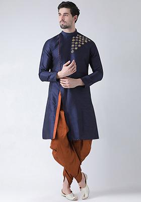 Navy Blue Embroidered Dupion Silk Angrakha With Dhoti For Men