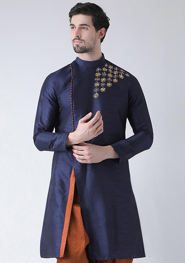 Navy Blue Embroidered Dupion Silk Angrakha With Dhoti For Men