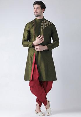 Mehandi Green Embroidered Dupion Silk Angrakha With Dhoti For Men