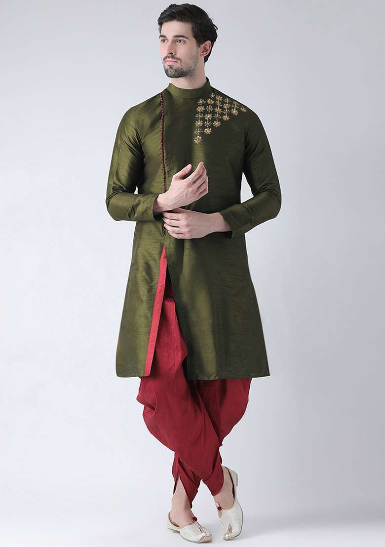 Mehandi Green Embroidered Dupion Silk Angrakha With Dhoti For Men - Indya