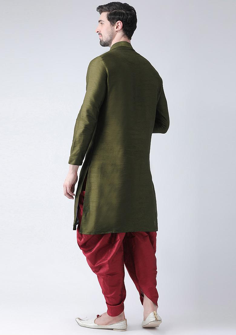 Mehandi Green Embroidered Dupion Silk Angrakha With Dhoti For Men