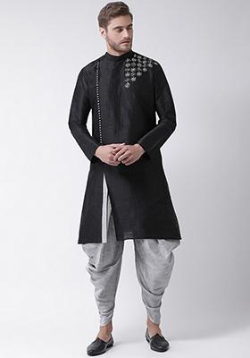 Black Embroidered Dupion Silk Angrakha With Dhoti For Men