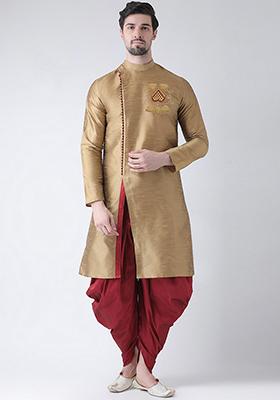 Golden Embroidered Dupion Silk Angrakha With Dhoti For Men