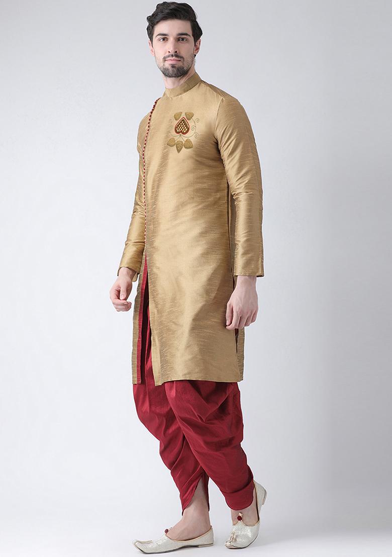 Golden Embroidered Dupion Silk Angrakha With Dhoti For Men
