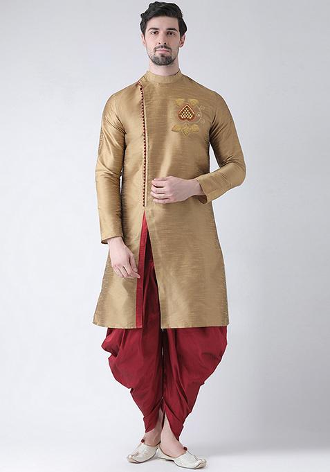 Golden Embroidered Dupion Silk Angrakha With Dhoti For Men