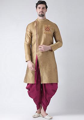 Golden Embroidered Dupion Silk Angrakha With Dhoti For Men