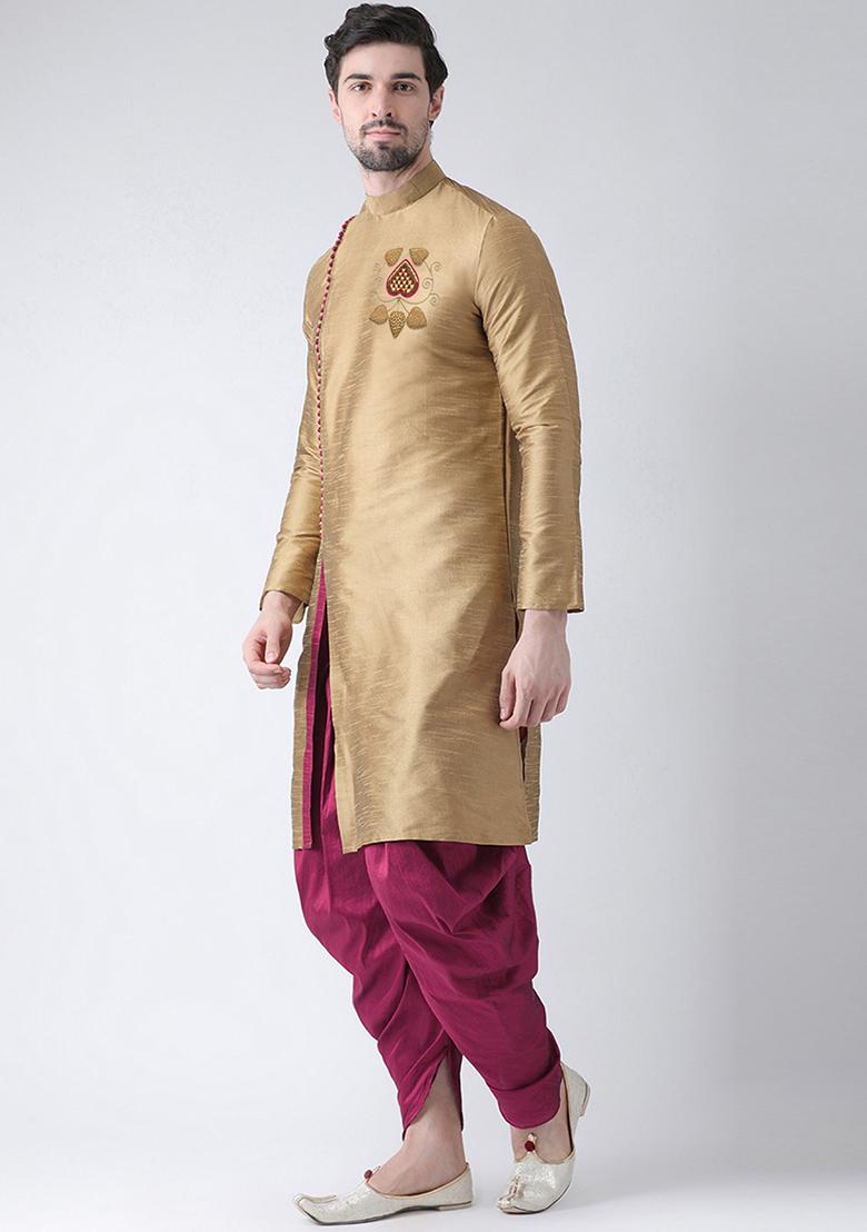 Golden Embroidered Dupion Silk Angrakha With Dhoti For Men