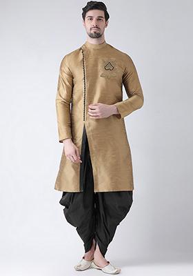 Golden Embroidered Dupion Silk Angrakha With Dhoti For Men