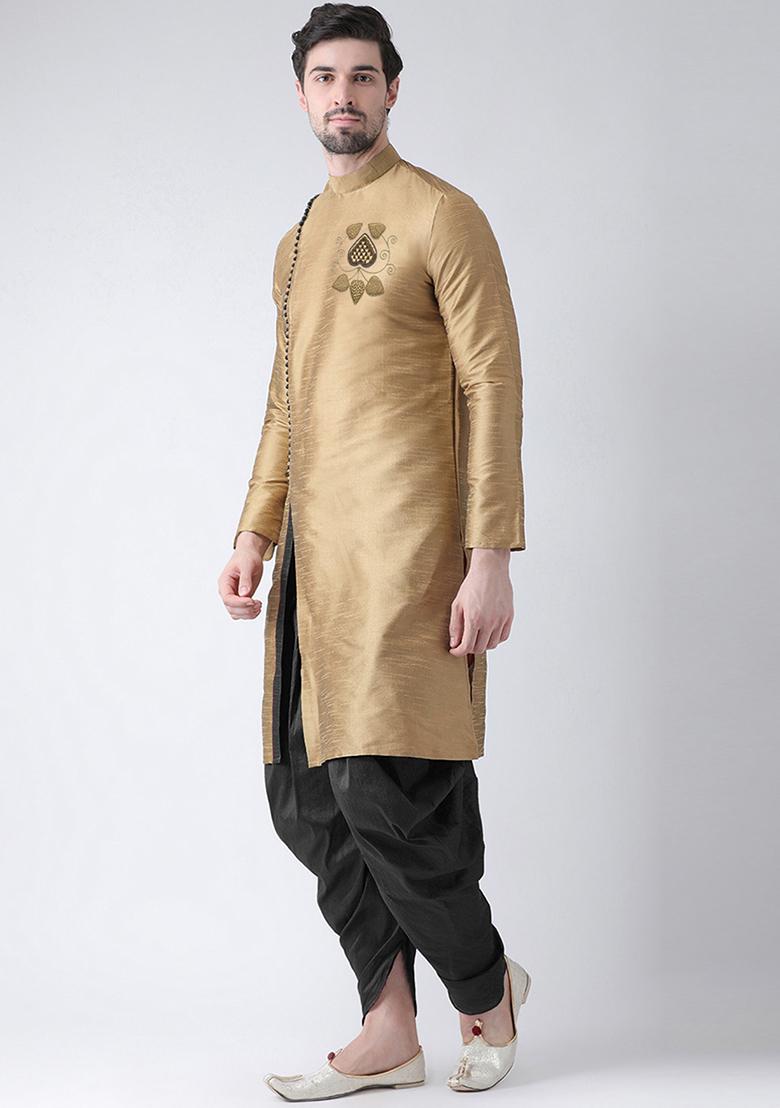 Golden Embroidered Dupion Silk Angrakha With Dhoti For Men