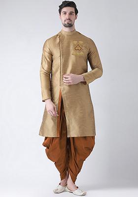 Golden Embroidered Dupion Silk Angrakha With Dhoti For Men