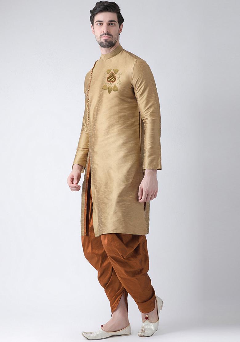 Golden Embroidered Dupion Silk Angrakha With Dhoti For Men