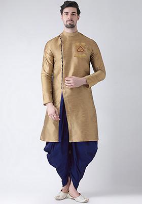 Golden Embroidered Dupion Silk Angrakha With Dhoti For Men